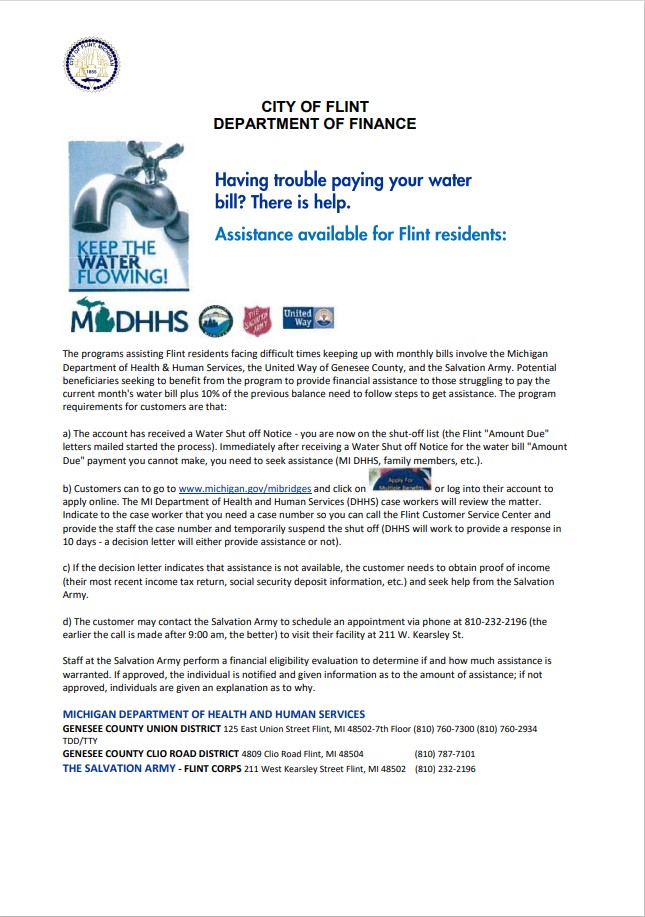 USA City of Flint Michigan Department of Finance utility bill shutoff notice, Word and PDF template